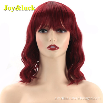 Ladies Wholesale Prices Wig With Bangs Cosplay Shoulder Length Bobo Hairstyle Natural Water Wave Copper Red Synthetic Hair Wigs